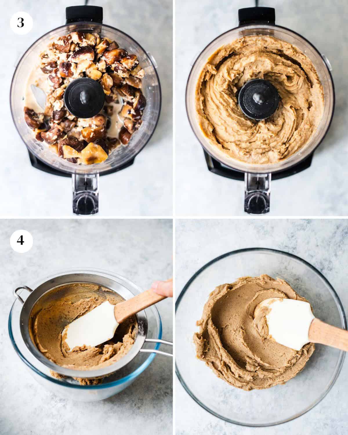 Steps showing how to make chestnut cream in a food processor.