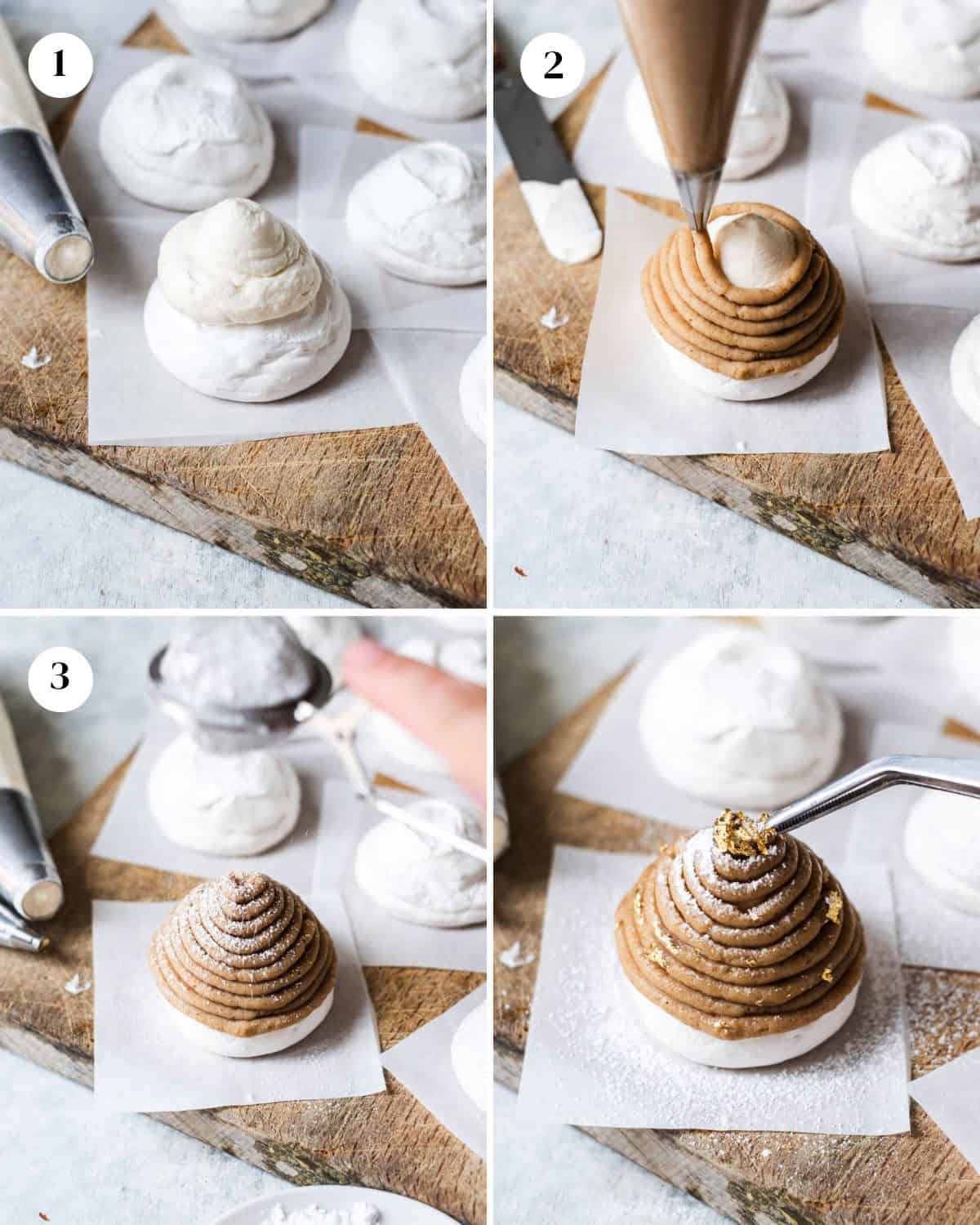 A collage of images showing how to assemble French mont blanc dessert.