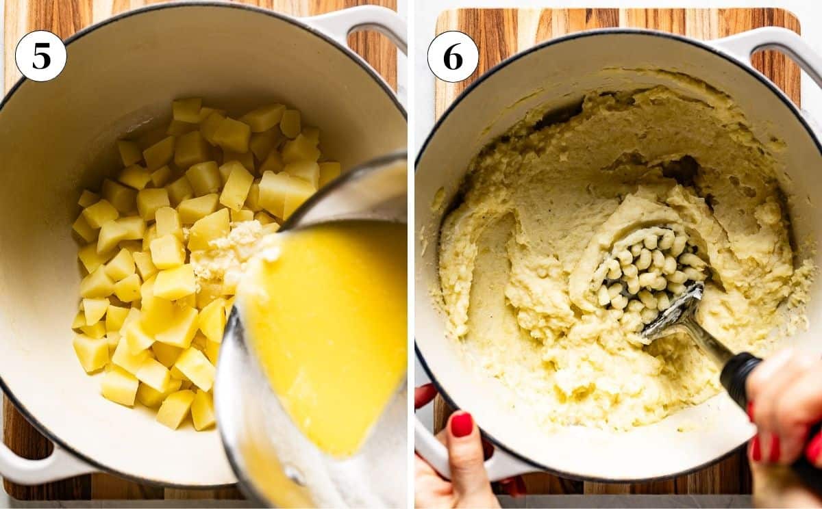 A collage of photos showing how to mash yellow potatoes after they are cooked.