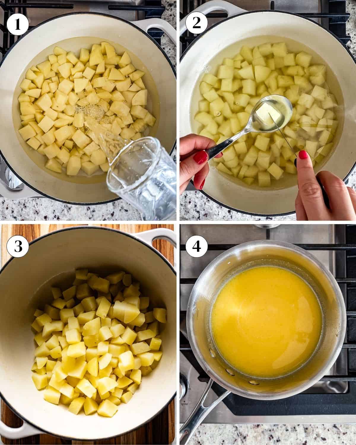 A collage of images showing how to make mashed potatoes with gold potatoes.