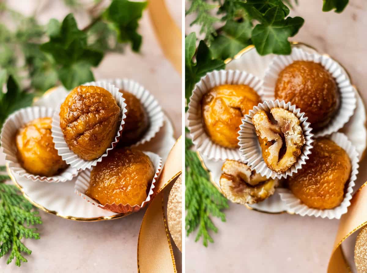 Candied chestnuts on a plate.