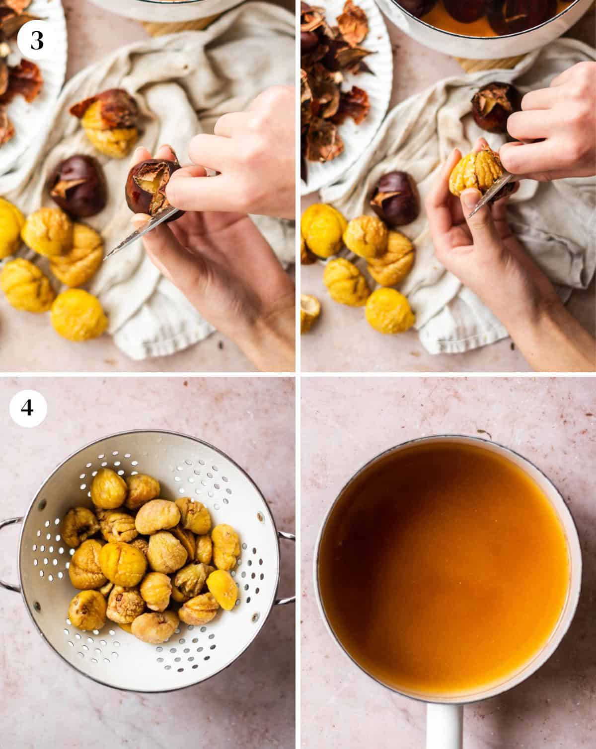 Person peeling chestnuts and images showing sugar syrup.