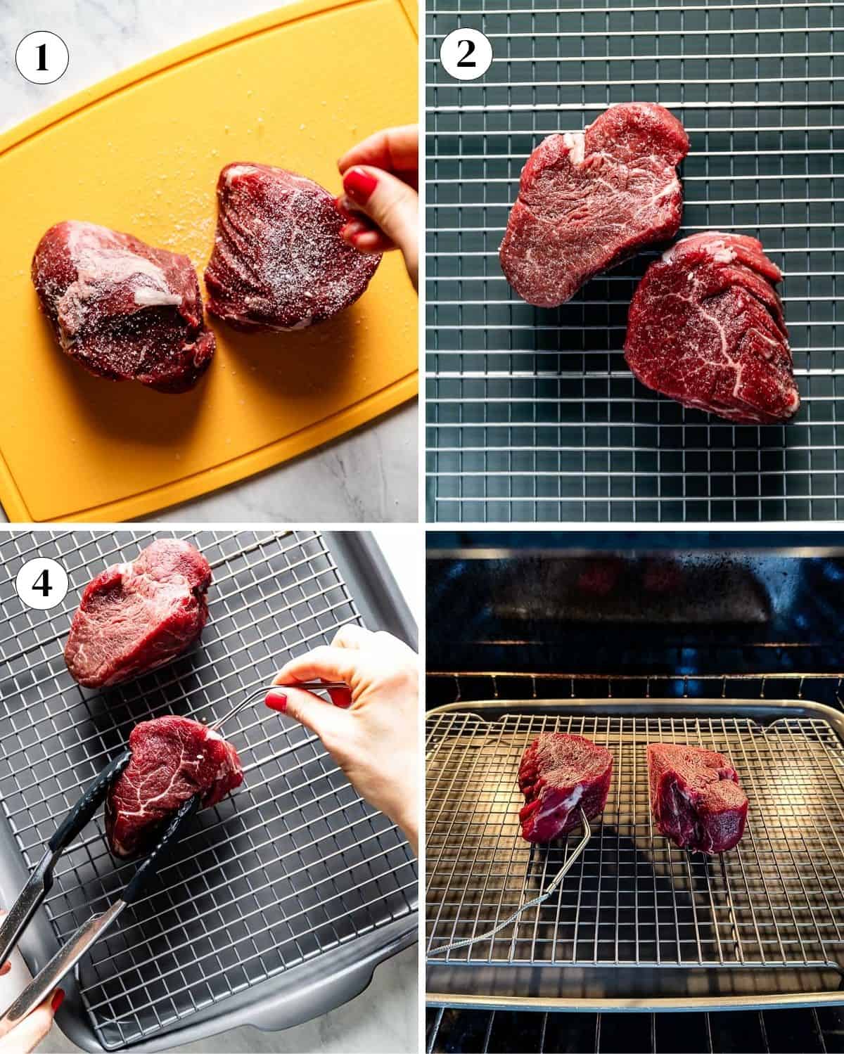 A collage of images showing how to prepare filet mignon steaks for reverse searing in the oven.