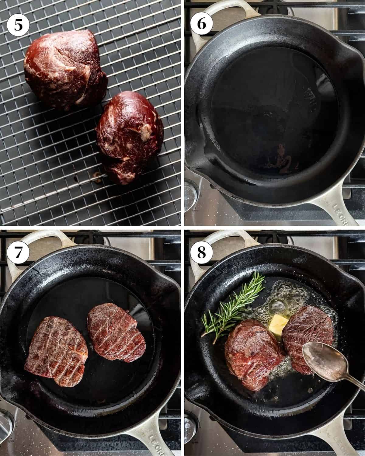 A collage of images showing how to sear filet mignon on a cast iron skillet.