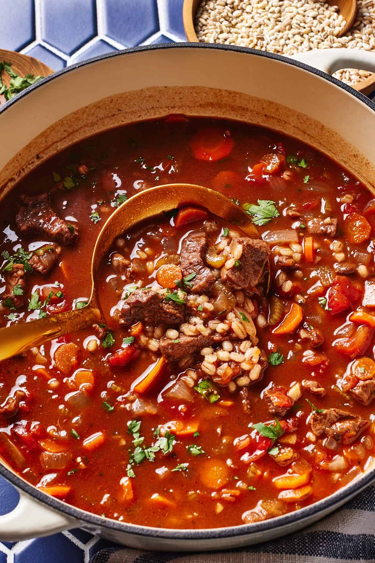 The soup in a Dutch oven with a ladle full of meat and veggies.