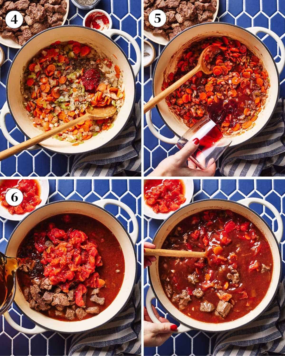 A collage of images showing how to cook the vegetables and make the broth for this Dutch oven beef barley soup recipe.