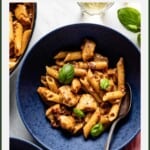 Engagement chicken pasta in a bowl with text on the image.