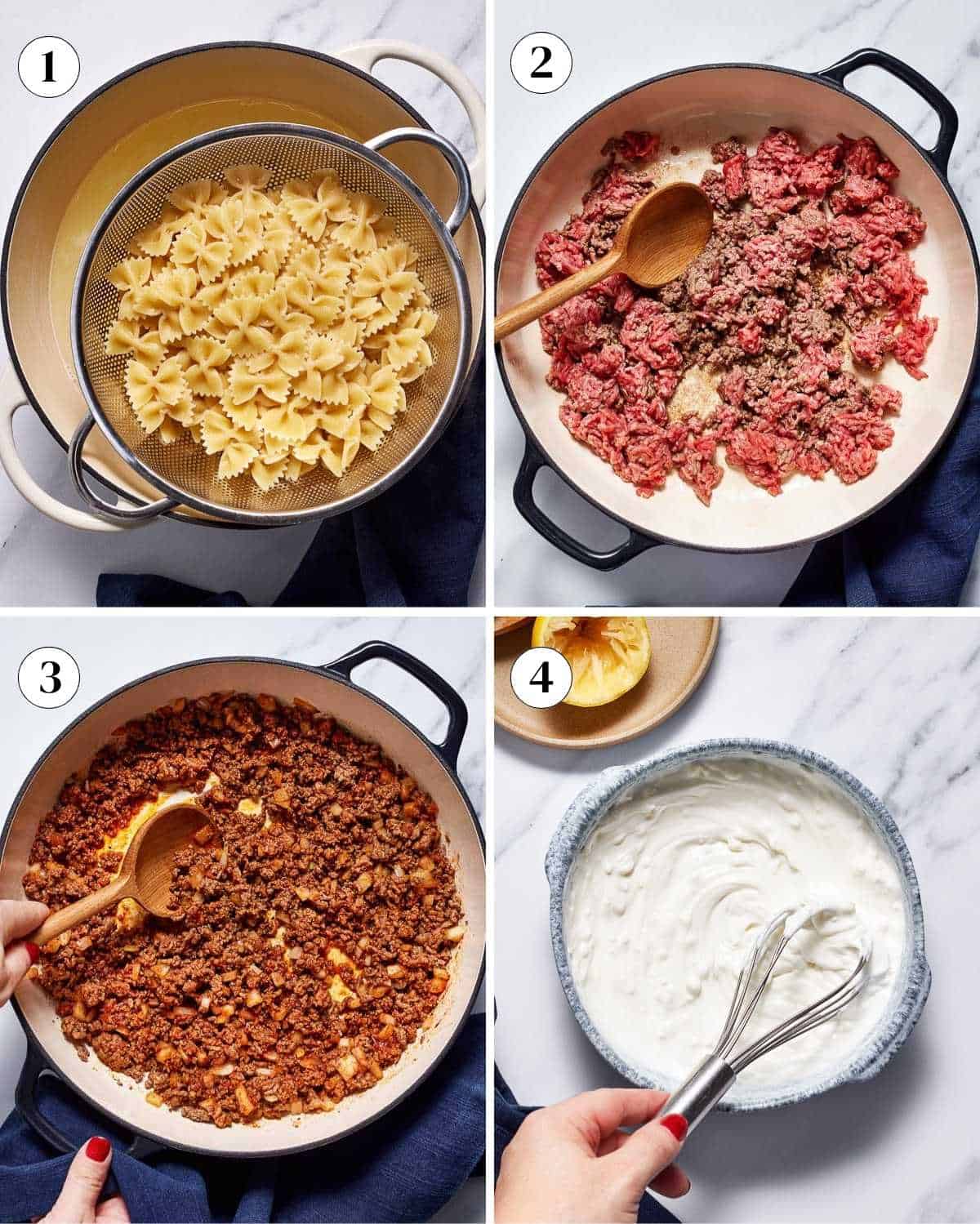 A collage of images showing how to make the tiktok viral Anna Paul's Turkish pasta recipe.