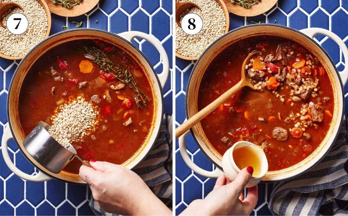 Person adding barley to soup and then finishing it off with vinegar.