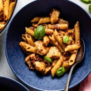 Marry me chicken pasta in a bowl from the top view.