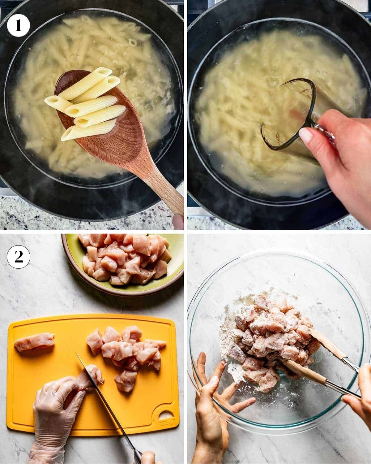 A collage of images showing how to cook pasta and prepare chicken for this recipe.