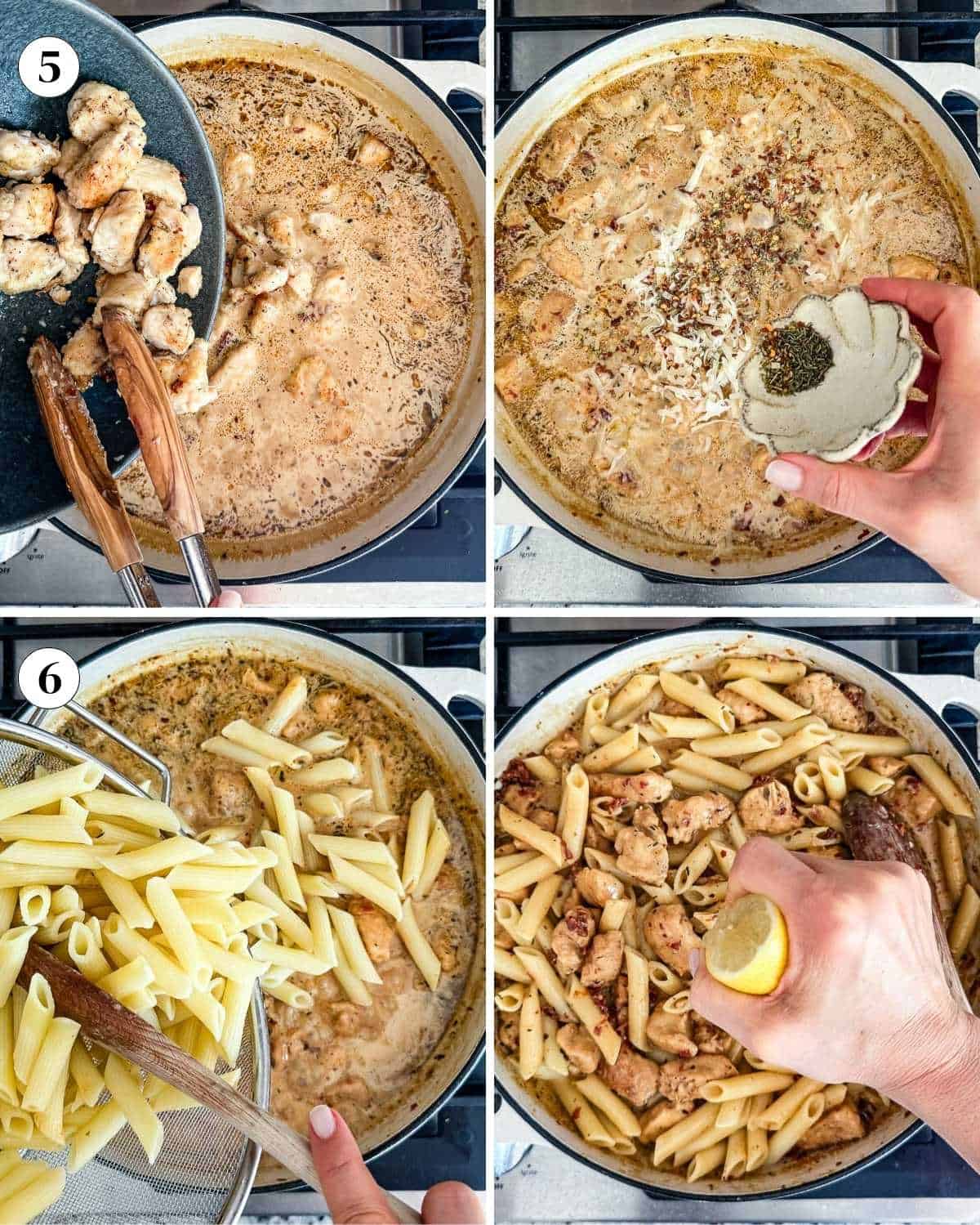 Person showing how to make the marry me chicken with pasta in a collage of photos.