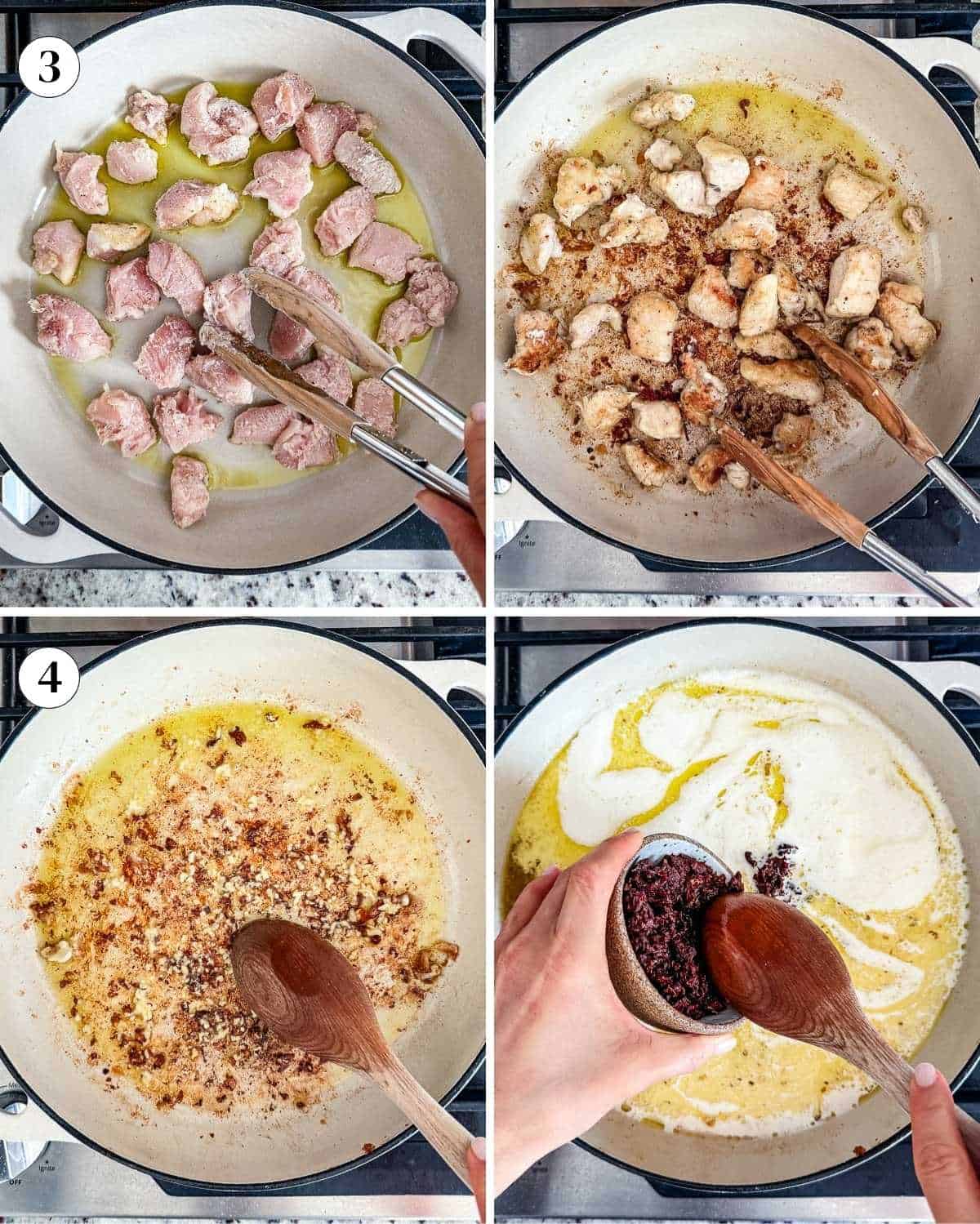 A group of images showing how to cook chicken and make the sauce for marry me pasta.