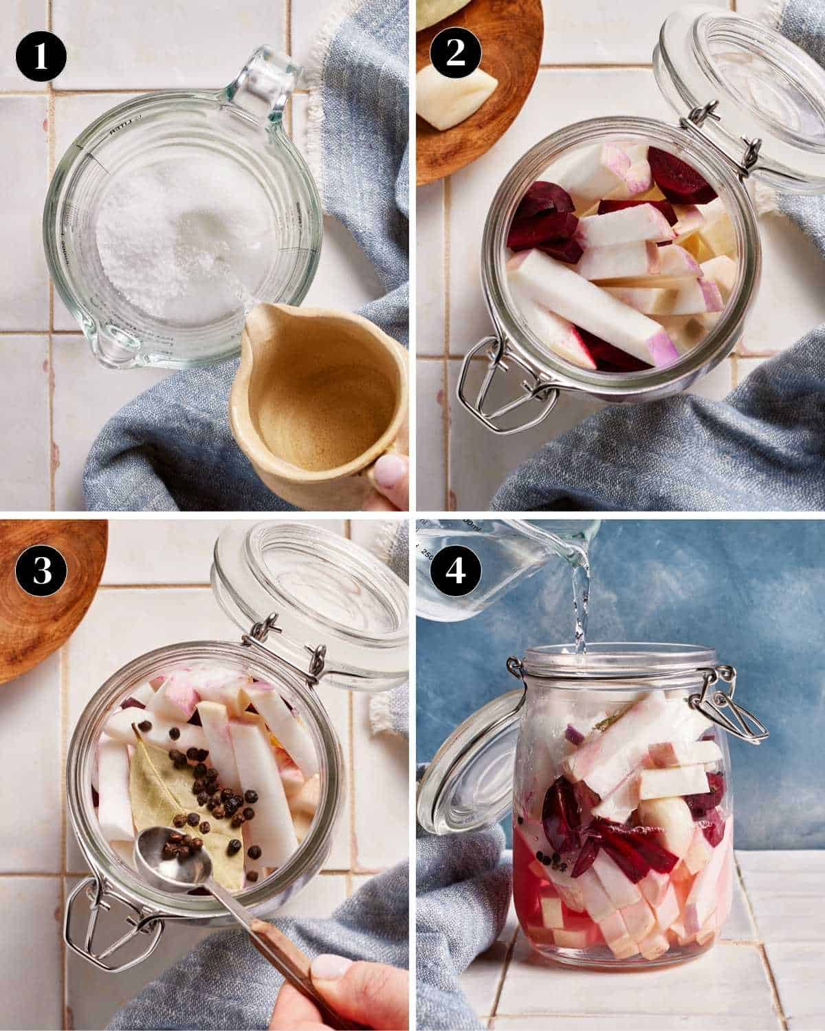 A collage of images showing how to pickle turnips.