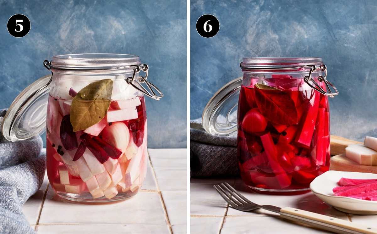 Two photos side by side showing Lebanese turnip pickles before and after they are pickled.