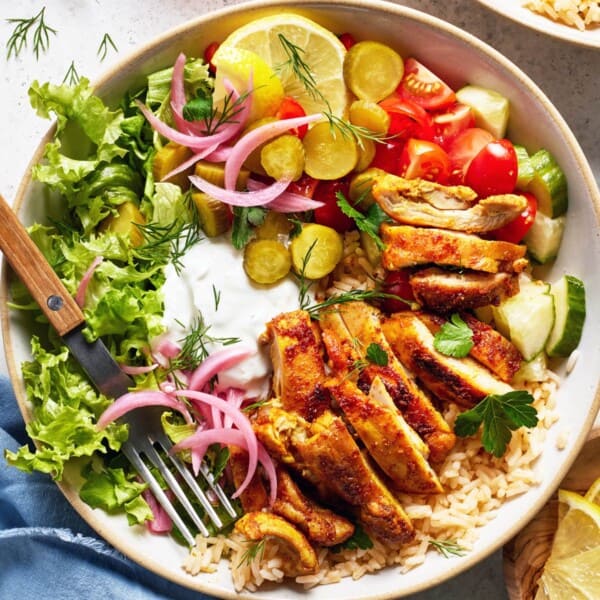 Chicken shawarma bowl from the top view.