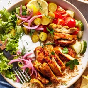 Chicken shawarma bowl from the top view.