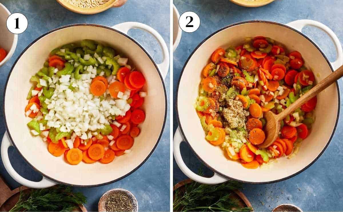 Chopped carrots, celery, and onion cooking in olive oil in a large pot, followed by seasoning added to the softened vegetables.