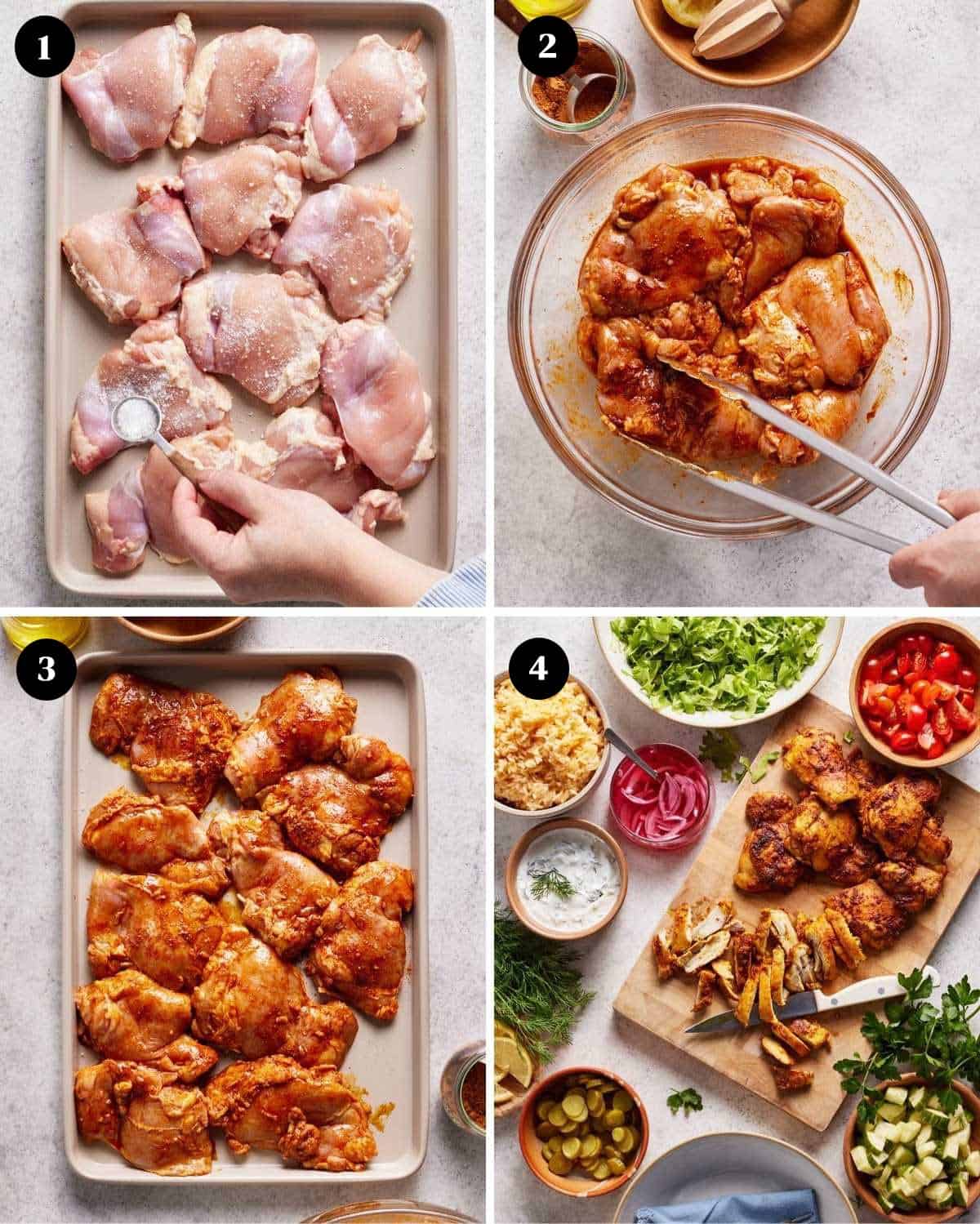 A collage of image showing how to prepare chicken shawarma with rice.