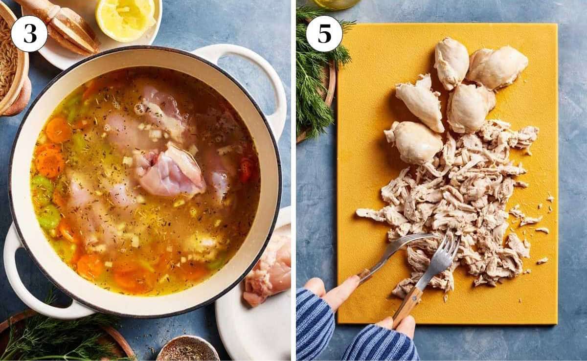 Cooked chicken thighs shredded with forks on a cutting board for lemon chicken orzo soup.
