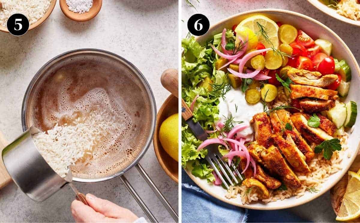 A collage of photos showing how to make rice and assemble the bowl.