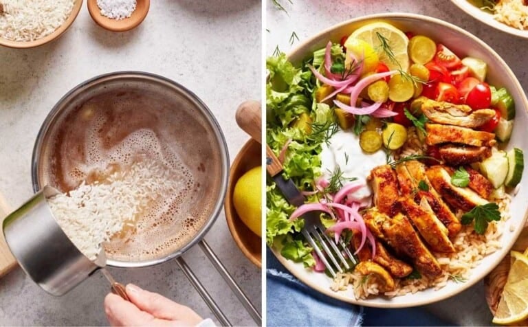 A collage of images showing cooking the rice and the assembled chicken shawarma bowl.