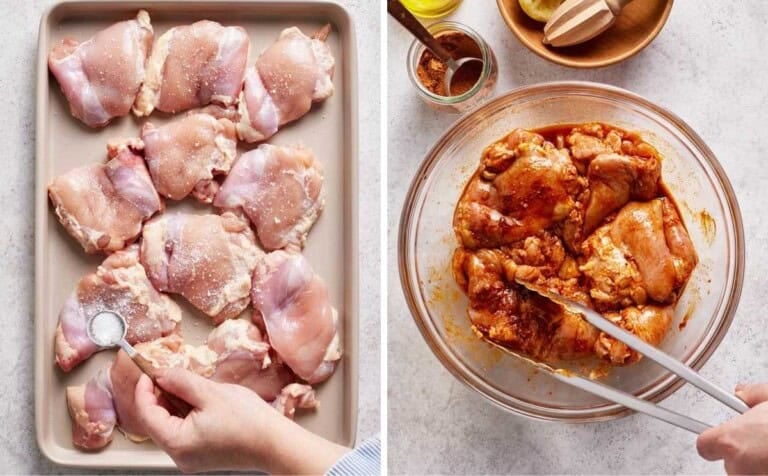 Person preparing chicken for the chicken shawarma rice bowl recipe.