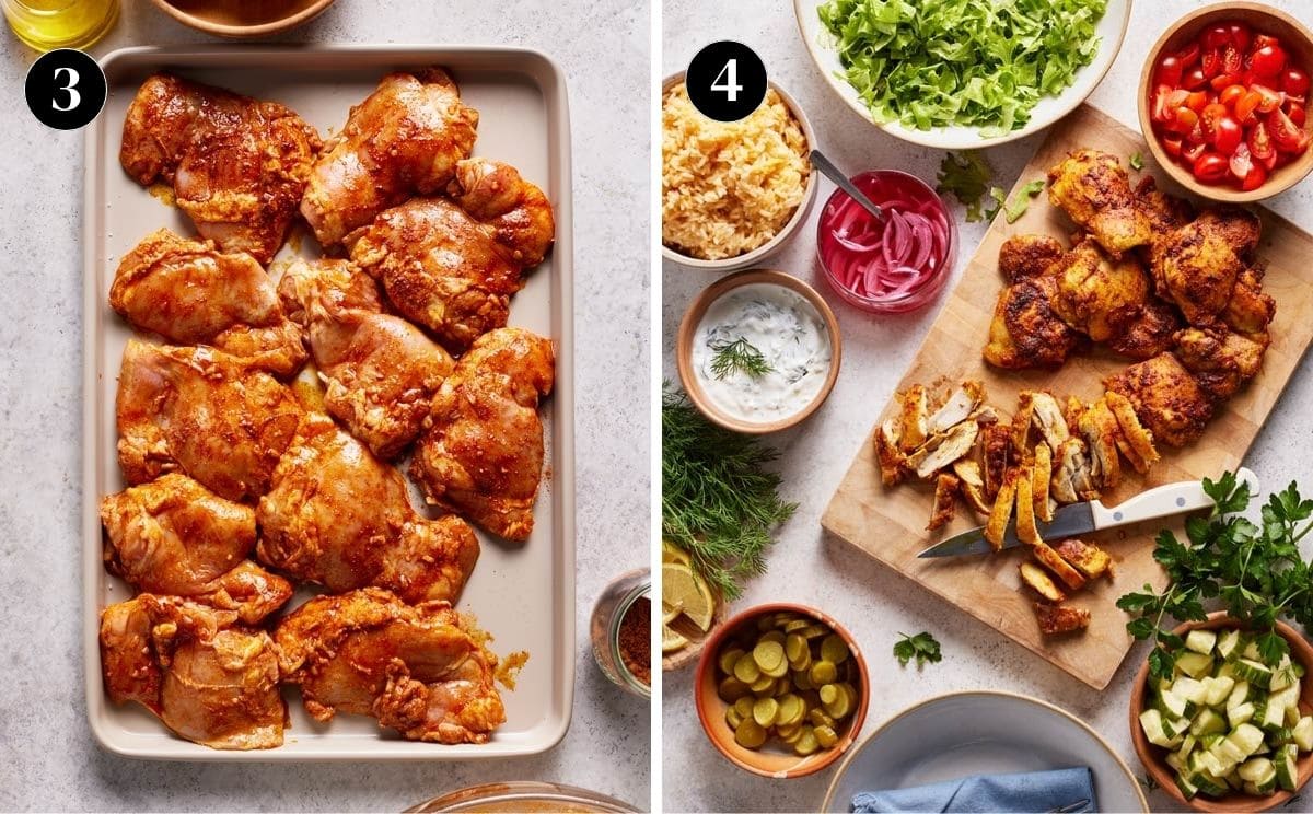 Side by side images showing chicken before and after it is cooked with the mezze bowl toppings around it.
