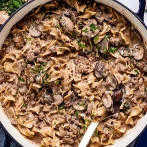 Ground beef stroganoff in a pot from the top view.