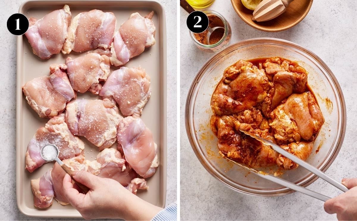 A collage of images showing as chicken is seasoned and marinated in shawarma seasoning.