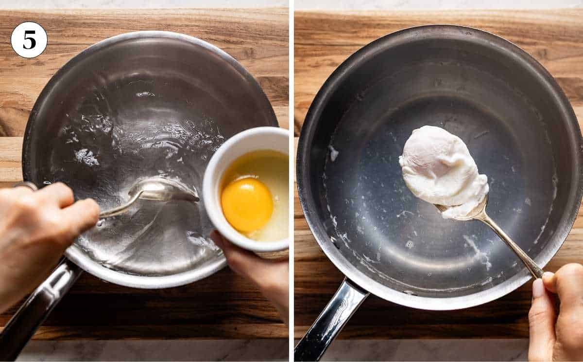 Sliding a raw egg from a ramekin into simmering water to create a vortex poach and lifting a perfectly poached egg with a slotted spoon for Turkish eggs cilbir.