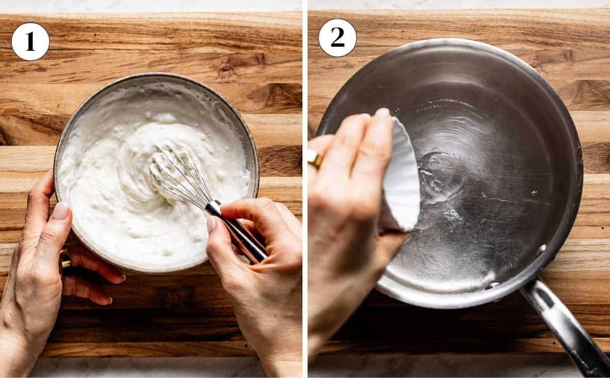 Whisking garlic yogurt sauce in a bowl and sliding an egg into simmering water to make Turkish eggs cilbir.