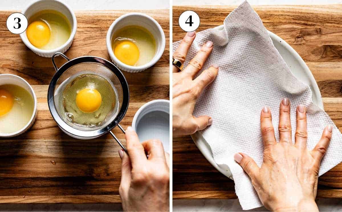 Straining cracked eggs through a fine mesh sieve into ramekins and lining a plate with paper towels to prep for poaching.