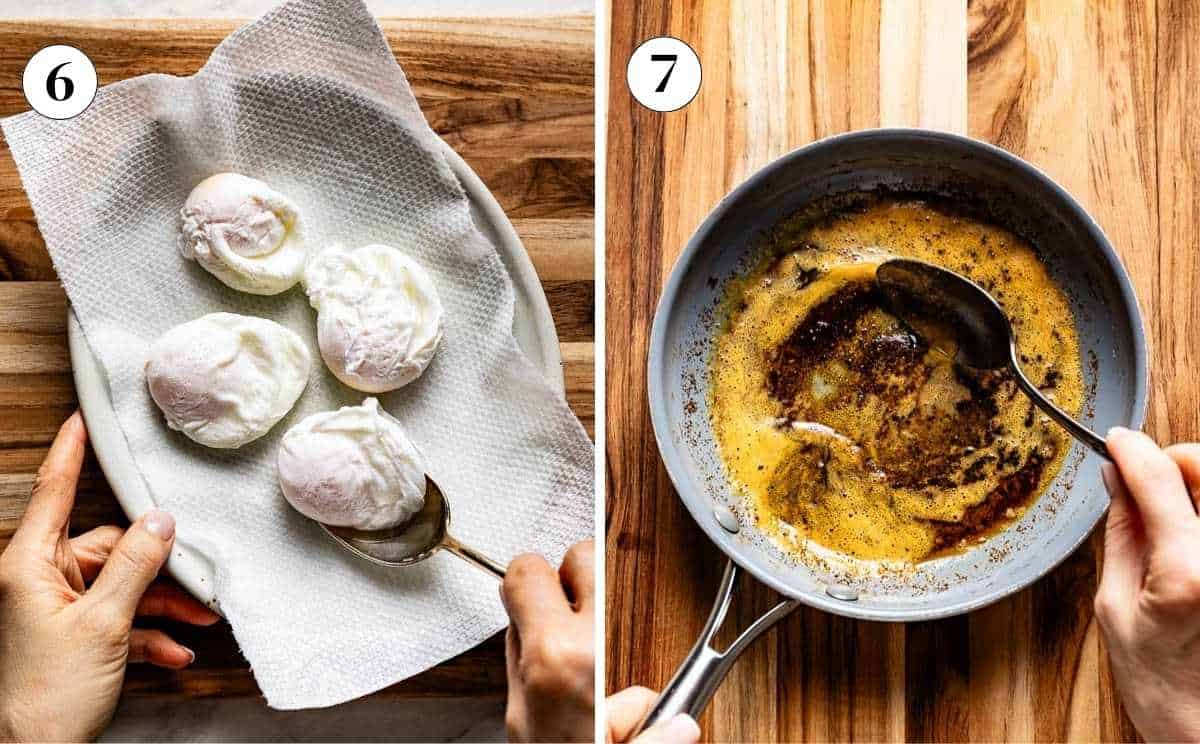 Four poached eggs draining on a paper towel lined plate and stirring sizzling chili butter sauce in a small skillet.