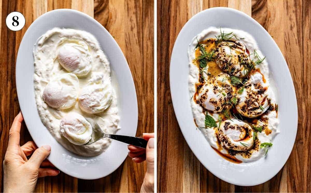 Placing poached eggs onto creamy garlic yogurt on a white oval plate and the finished Turkish eggs cilbir drizzled with chili butter and garnished with fresh herbs.
