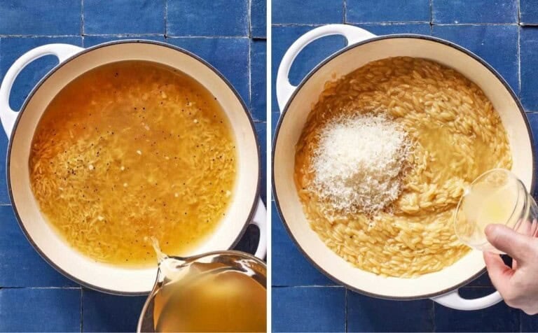 A collage of images showing how to add chicken broth and parmesan to lemon orzo as it is cooking.