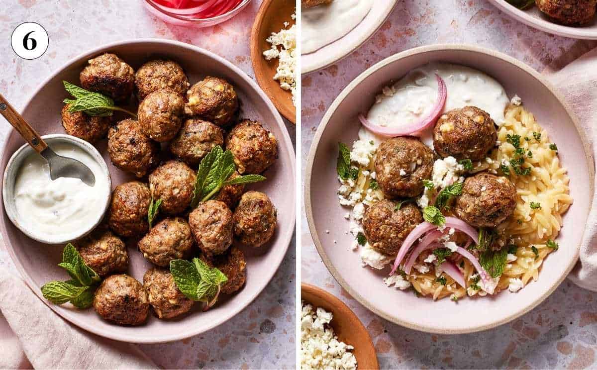 A collage of images showing what to do with lamb meatballs.