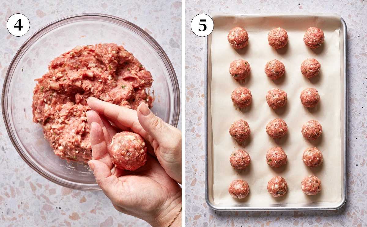 Lamb mince balls formed into a ball and placed on a sheet pan.