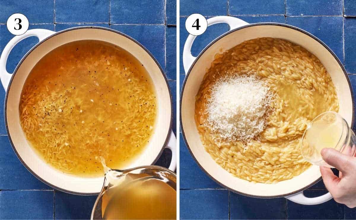 Lemon orzo with parmesan in a pot from the top view.