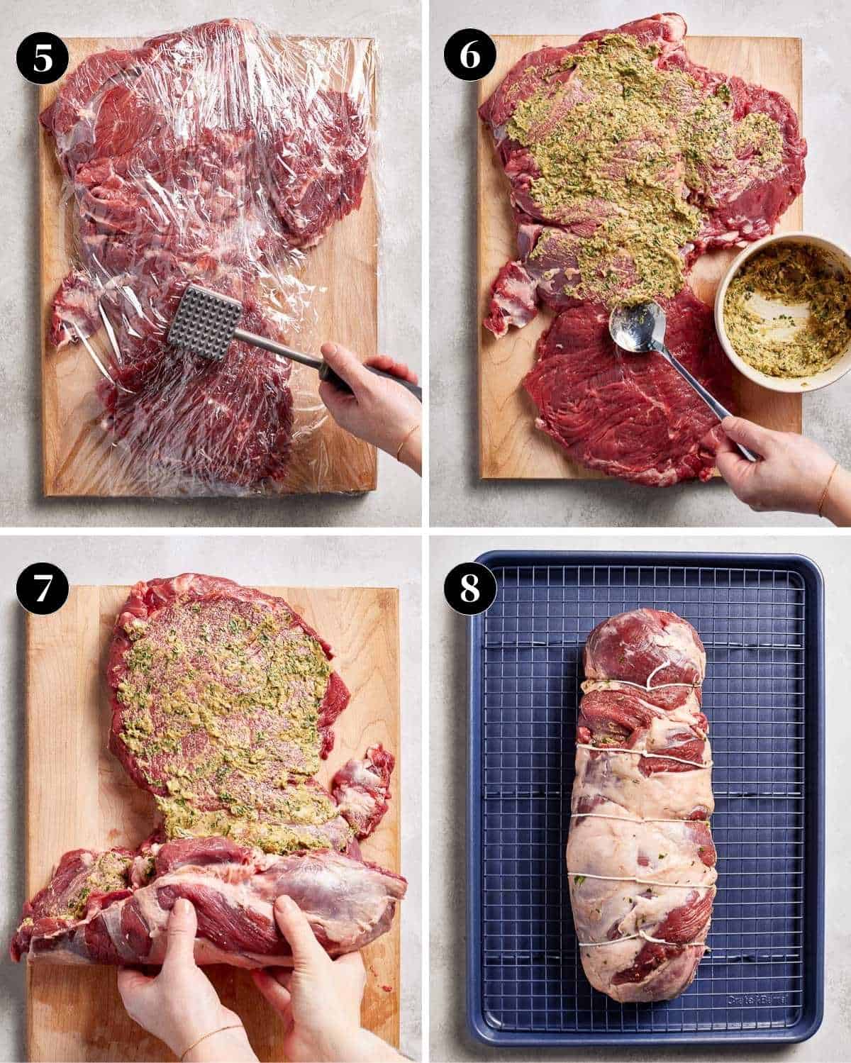 Steps showing how to prepare the boneless leg of lamb for roasting.