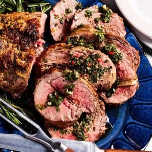 Boneless leg of lamb sliced from the top.