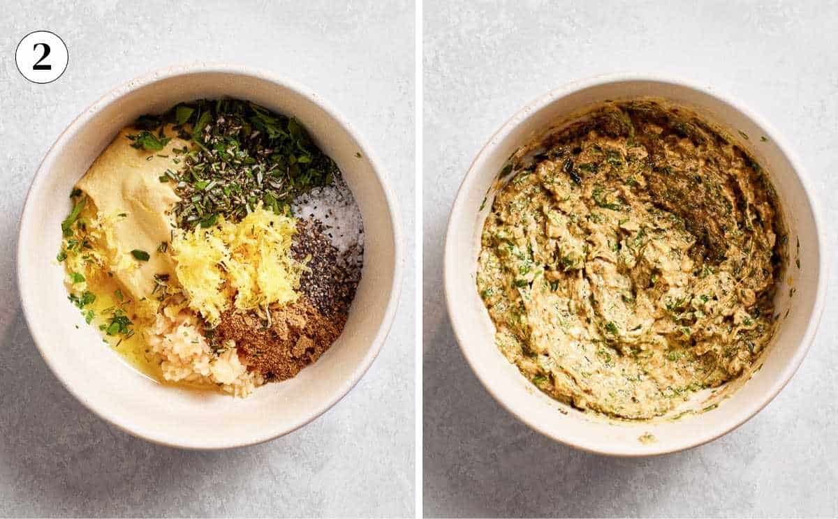 Dijon mustard, garlic, rosemary, parsley, cumin, coriander, and lemon zest combined in a bowl to make the seasoning rub for boneless leg of lamb.