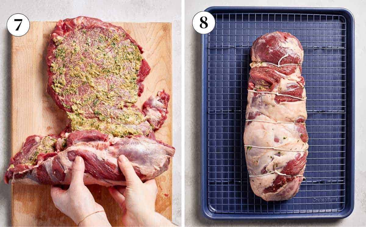 Boneless leg of lamb being rolled into a uniform cylinder shape, then secured with butcher's twine on a wire rack ready for roasting.