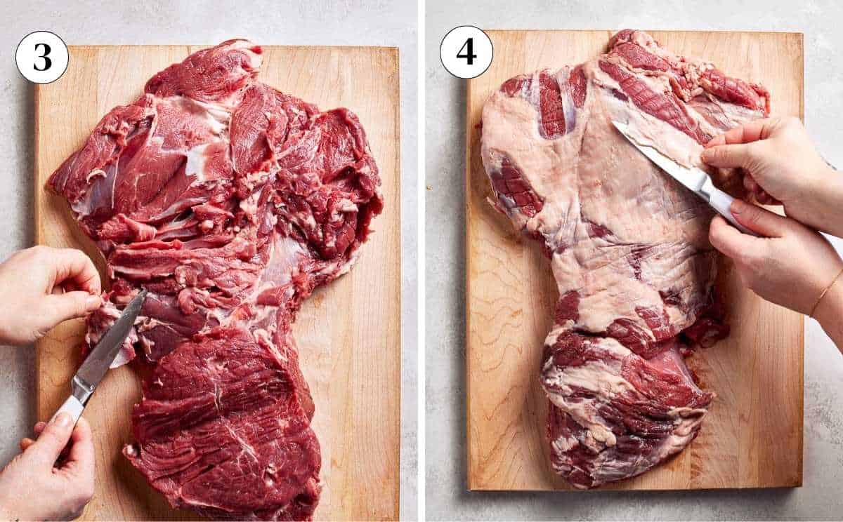 Raw boneless leg of lamb laid flat on a cutting board inside facing up, then flipped to show fat cap being trimmed with a chef's knife.