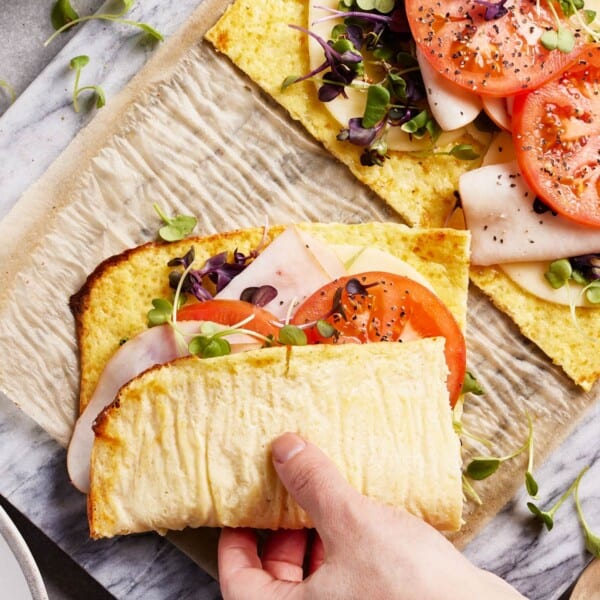 Cottage cheese flatbread turned into a sandwich wrap from the top view.