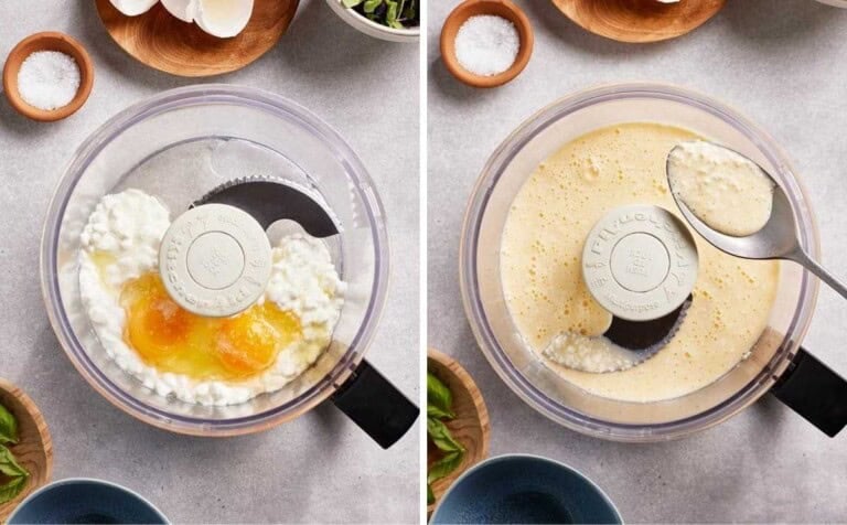 The batter in a food processor before and after it is mixed.