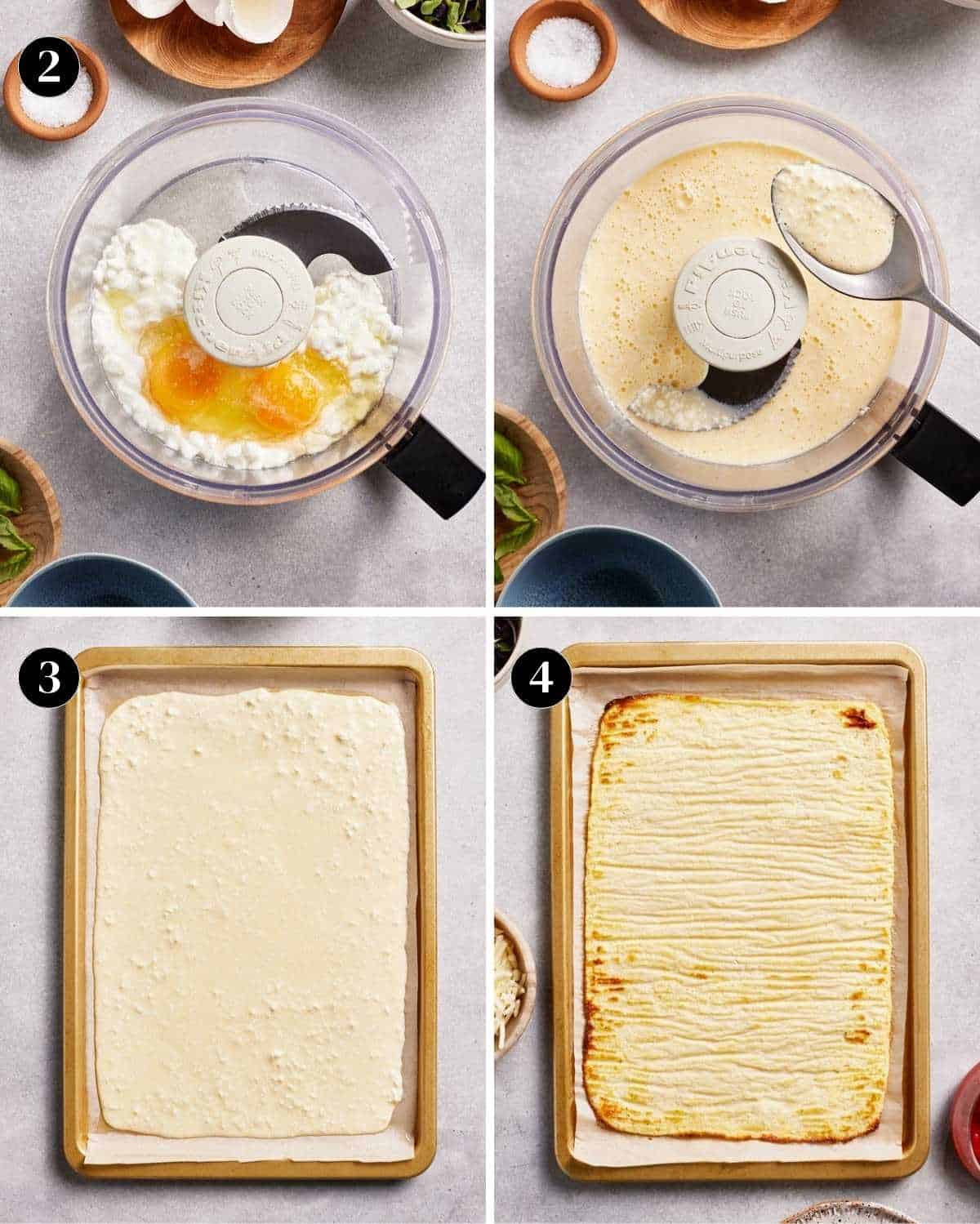 A collage of images showing how to make flatbread with cottage cheese and eggs.