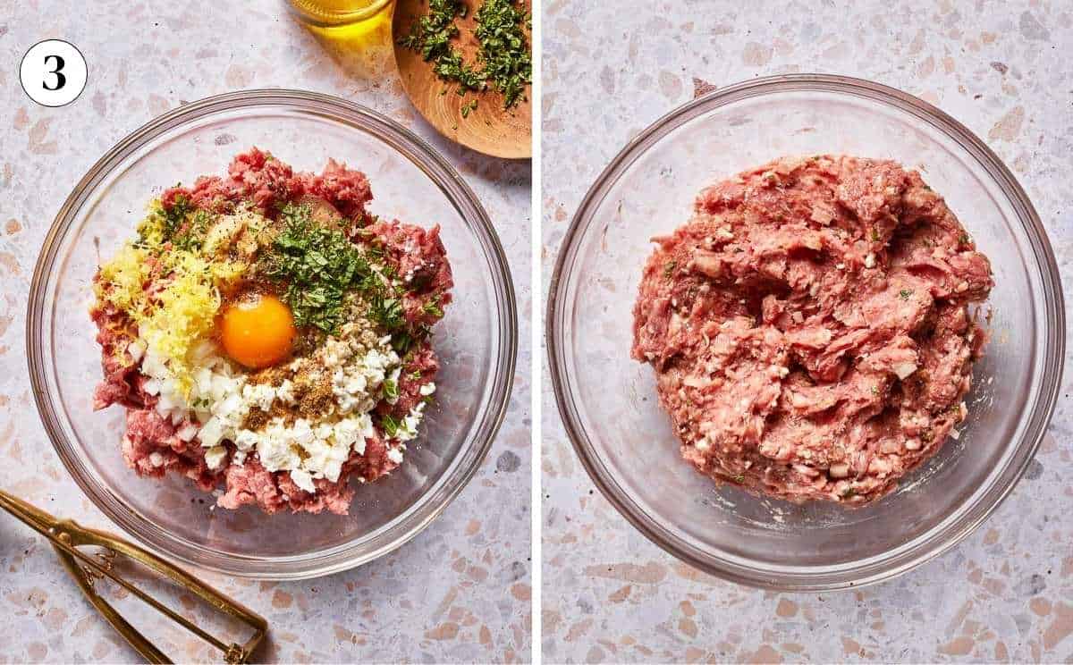 A collage of images showing how to make the lamb meatball and feta mixture.