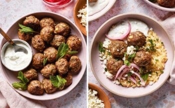 Images showing how to serve lamb meatballs.