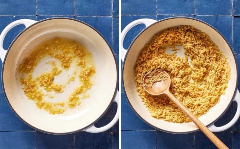 A collage of photos showing how to sautee orzo with butter.